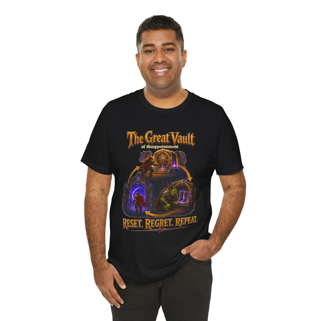 Great Vault Reset Regret Repeat fantasy MMO graphic T-shirt, black shirt three-quarter view modeled by a person.