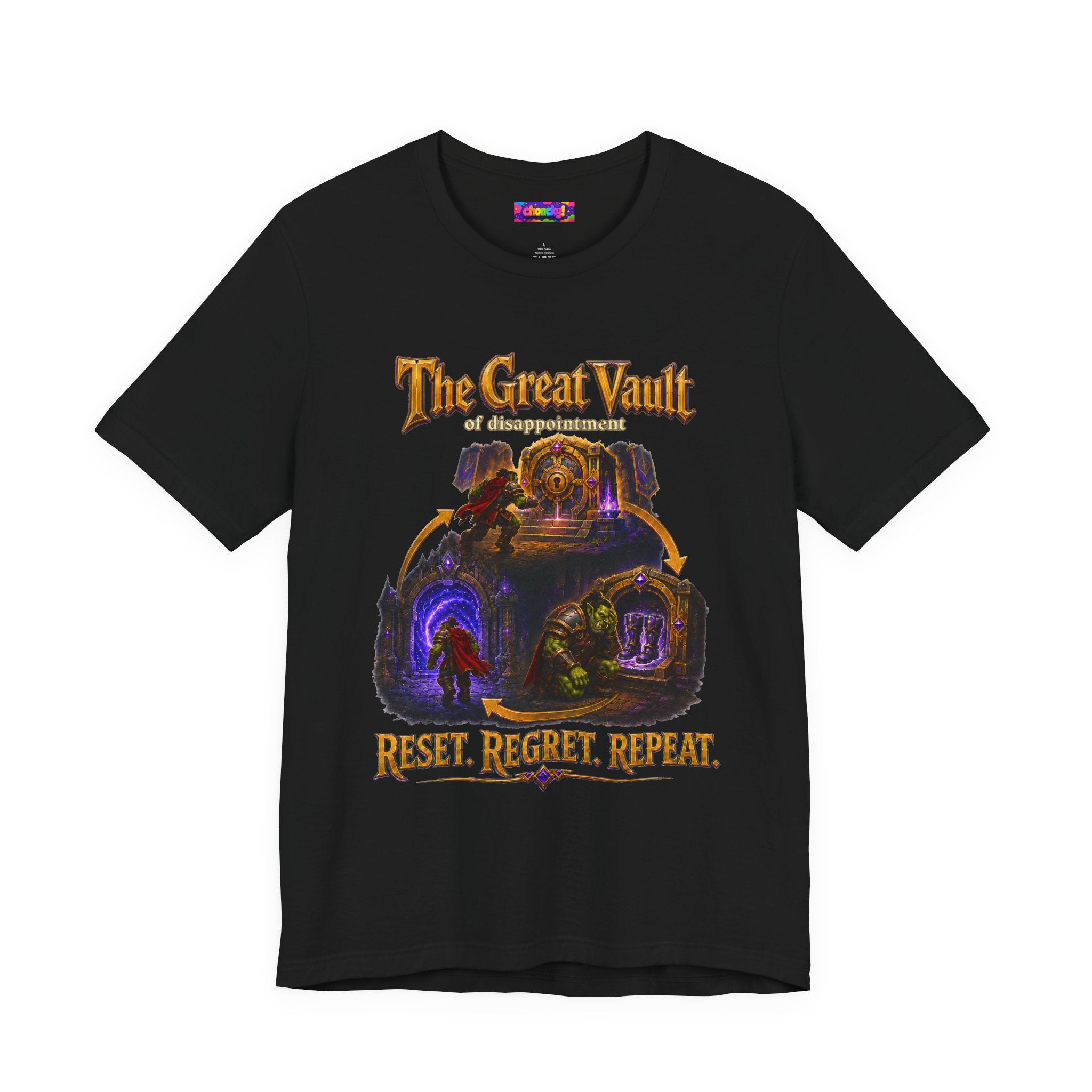 Great Vault Reset Regret Repeat fantasy MMO graphic T-shirt, black shirt front view.