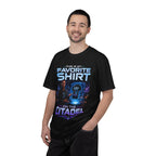 Commander's Favorite Shirt on the Citadel sci-fi graphic T-shirt, black shirt front view modeled with a relaxed stance.