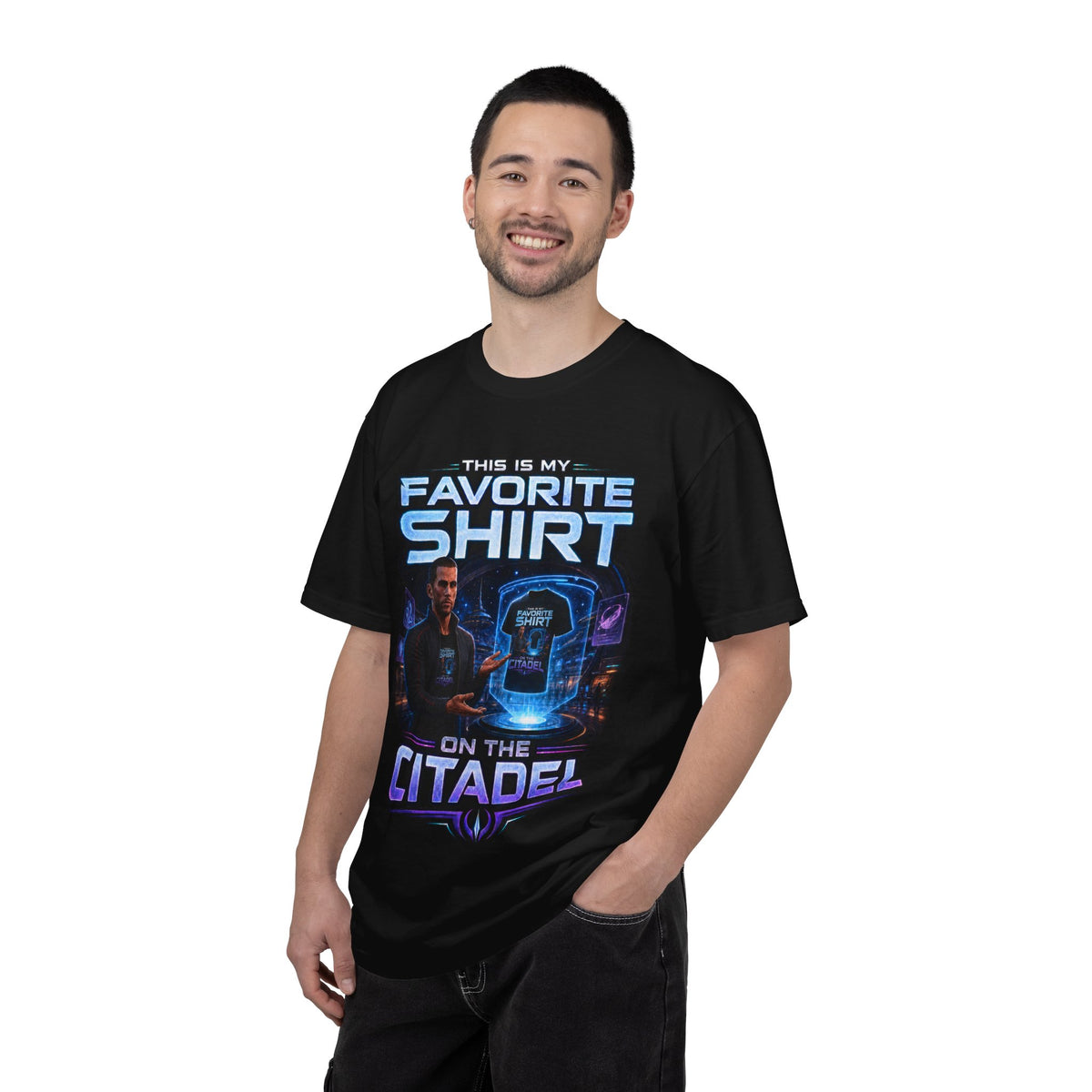 Commander's Favorite Shirt on the Citadel sci-fi graphic T-shirt, black shirt front view modeled with a relaxed stance.