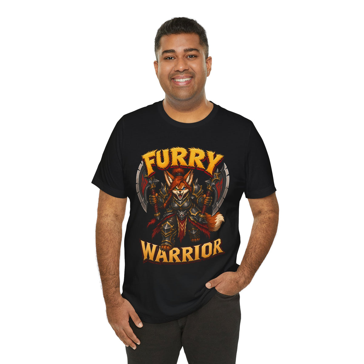 Furry Warrior vulpera fantasy MMO graphic T-shirt, black shirt three-quarter view modeled by a person.
