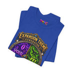Expansion Theme Generator fantasy MMO graphic T-shirt, blue shirt folded to show the print.