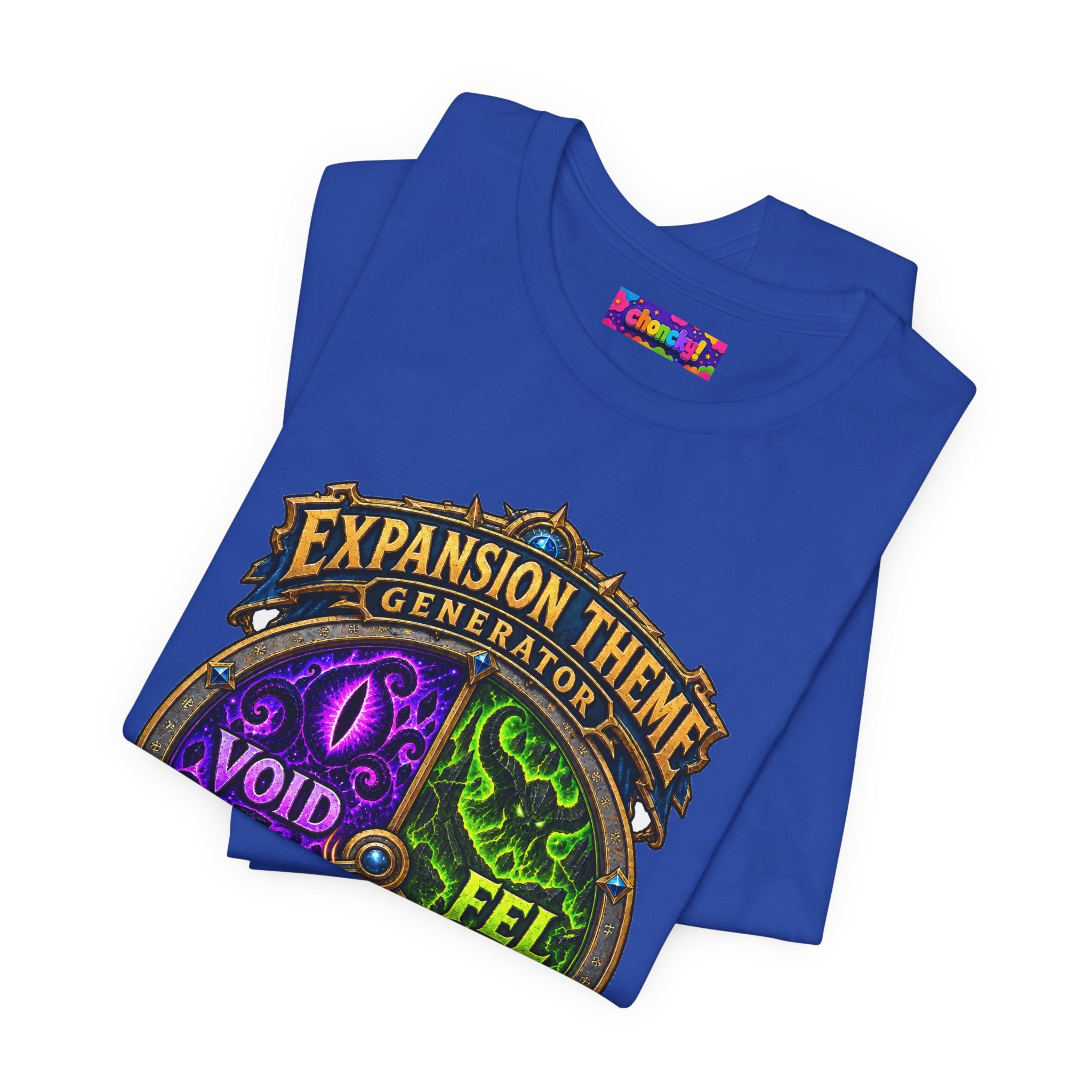 Expansion Theme Generator fantasy MMO graphic T-shirt, blue shirt folded to show the print.