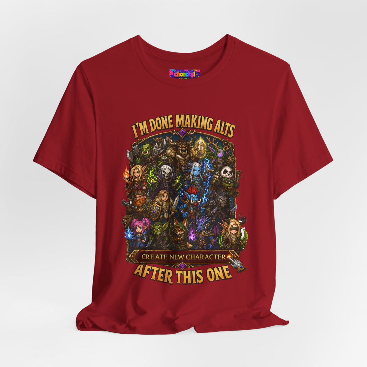 I'm Done Making Alts After This One fantasy MMO graphic T-shirt, red shirt draped on a light background.