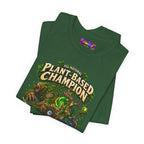 Plant-Based Champion fantasy druid graphic T-shirt, forest green shirt folded to show the print.