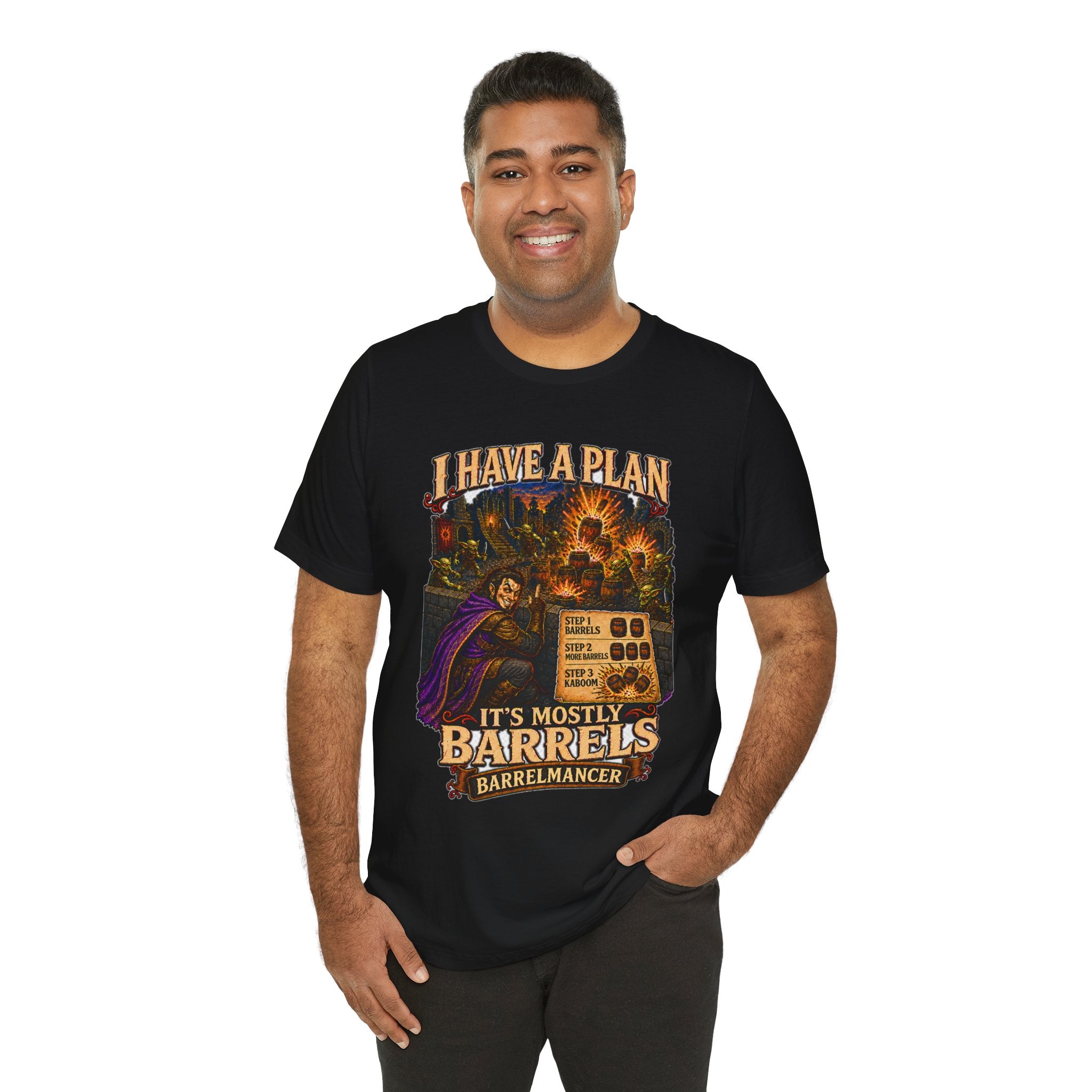 I Have a Plan Barrelmancer fantasy RPG graphic T-shirt, black shirt three-quarter view modeled by a person.
