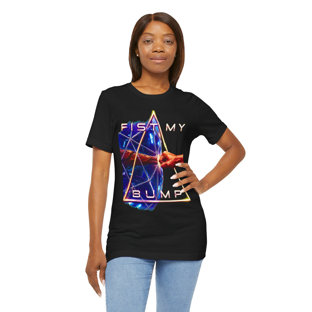 Fist My Bump Rocky and Grace sci-fi graphic T-shirt, black shirt front view modeled with the shirt tucked into jeans.