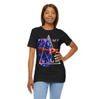 Fist My Bump Rocky and Grace sci-fi graphic T-shirt, black shirt front view modeled with the shirt tucked into jeans.