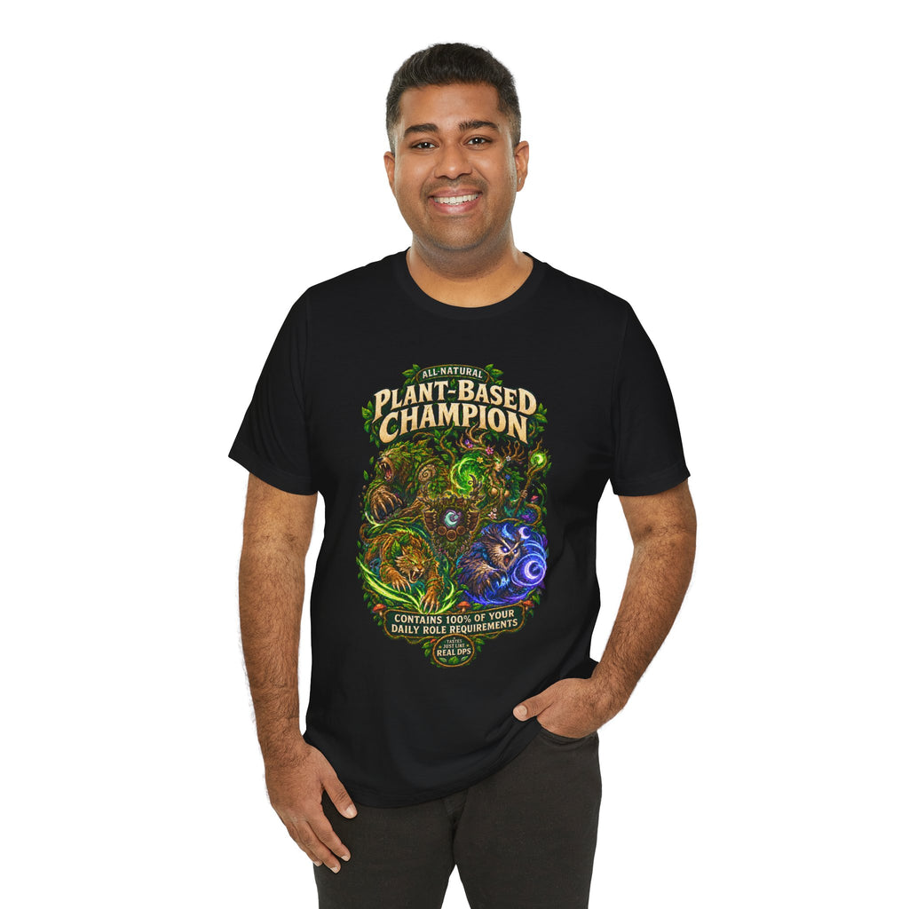 Plant-Based Champion fantasy druid graphic T-shirt, black shirt three-quarter view modeled by a person.