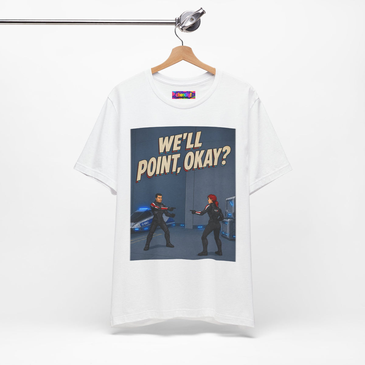 We'll Point, Okay? retro sci-fi action graphic T-shirt, white shirt hanging from a wooden hanger.