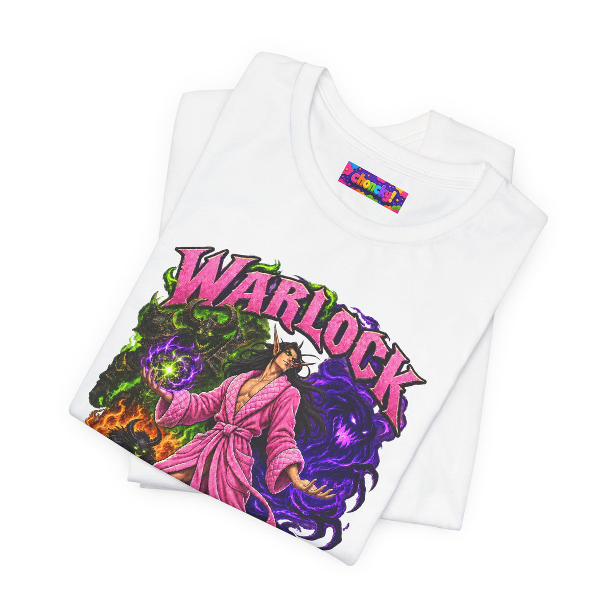 Warlock A-Tier DPS, S-Tier Comfort fantasy gamer T-shirt, white shirt folded to show the print.