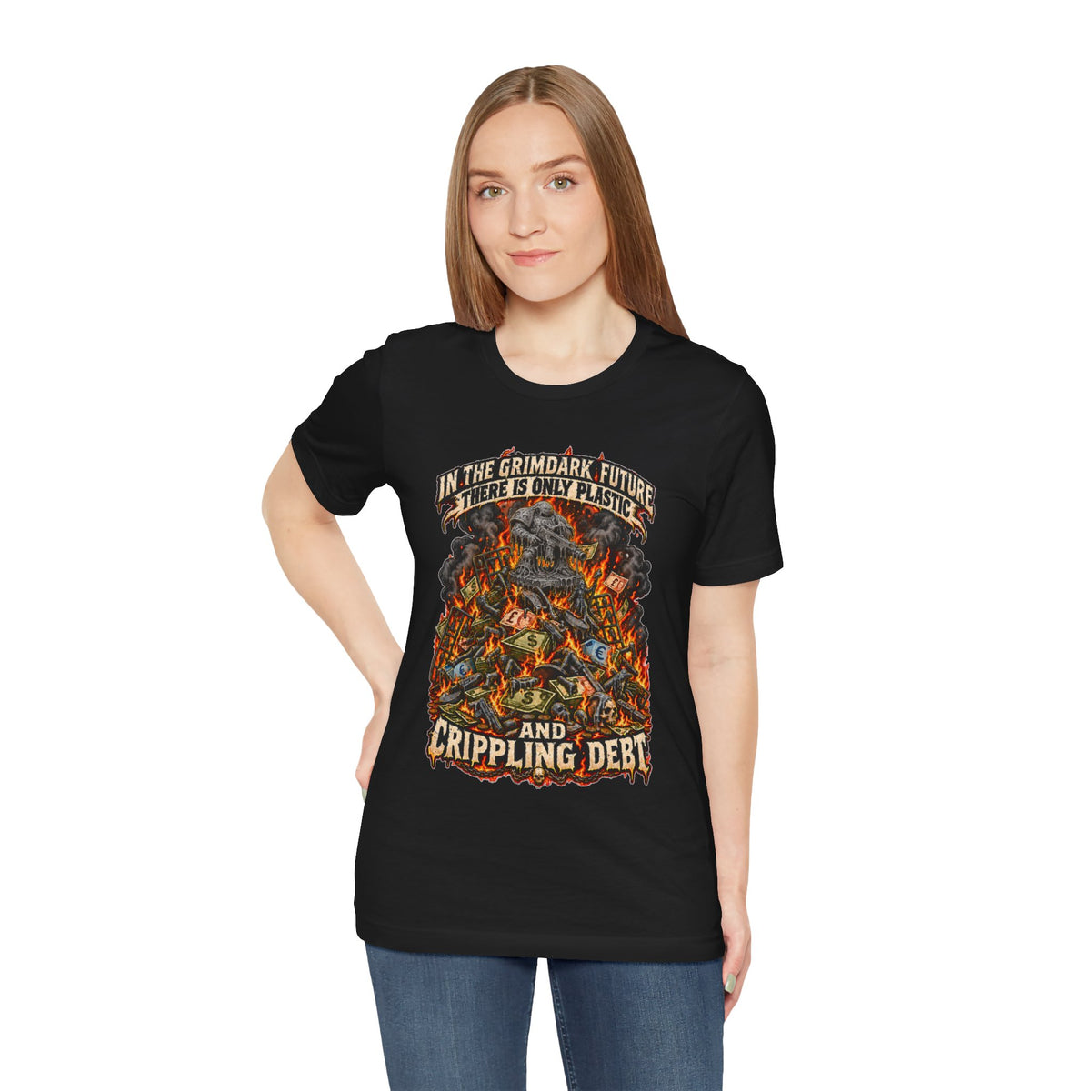 Only Plastic & Crippling Debt graphic T-shirt product mockup