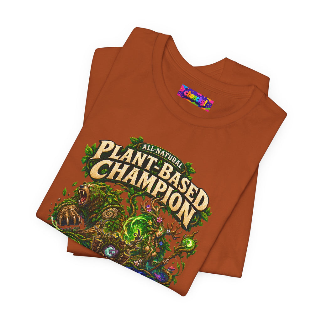 Plant-Based Champion fantasy druid graphic T-shirt, rust shirt folded to show the print.
