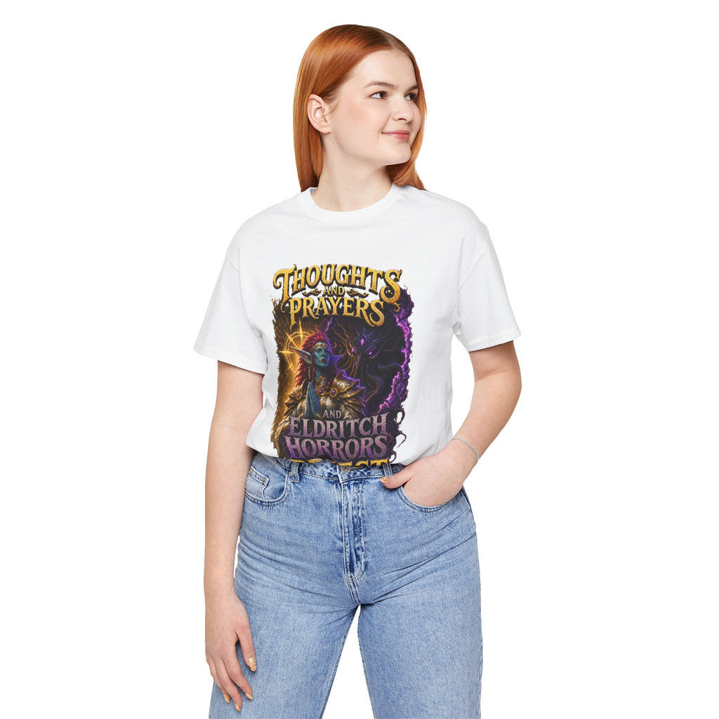 Thoughts, Prayers & Eldritch Horrors graphic T-shirt product mockup