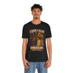 I Have a Plan Barrelmancer fantasy RPG graphic T-shirt, black shirt front view modeled with a relaxed stance.