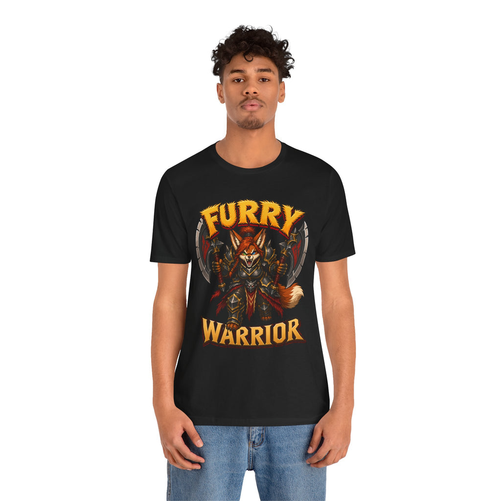 Furry Warrior vulpera fantasy MMO graphic T-shirt, black shirt front view modeled with a relaxed stance.
