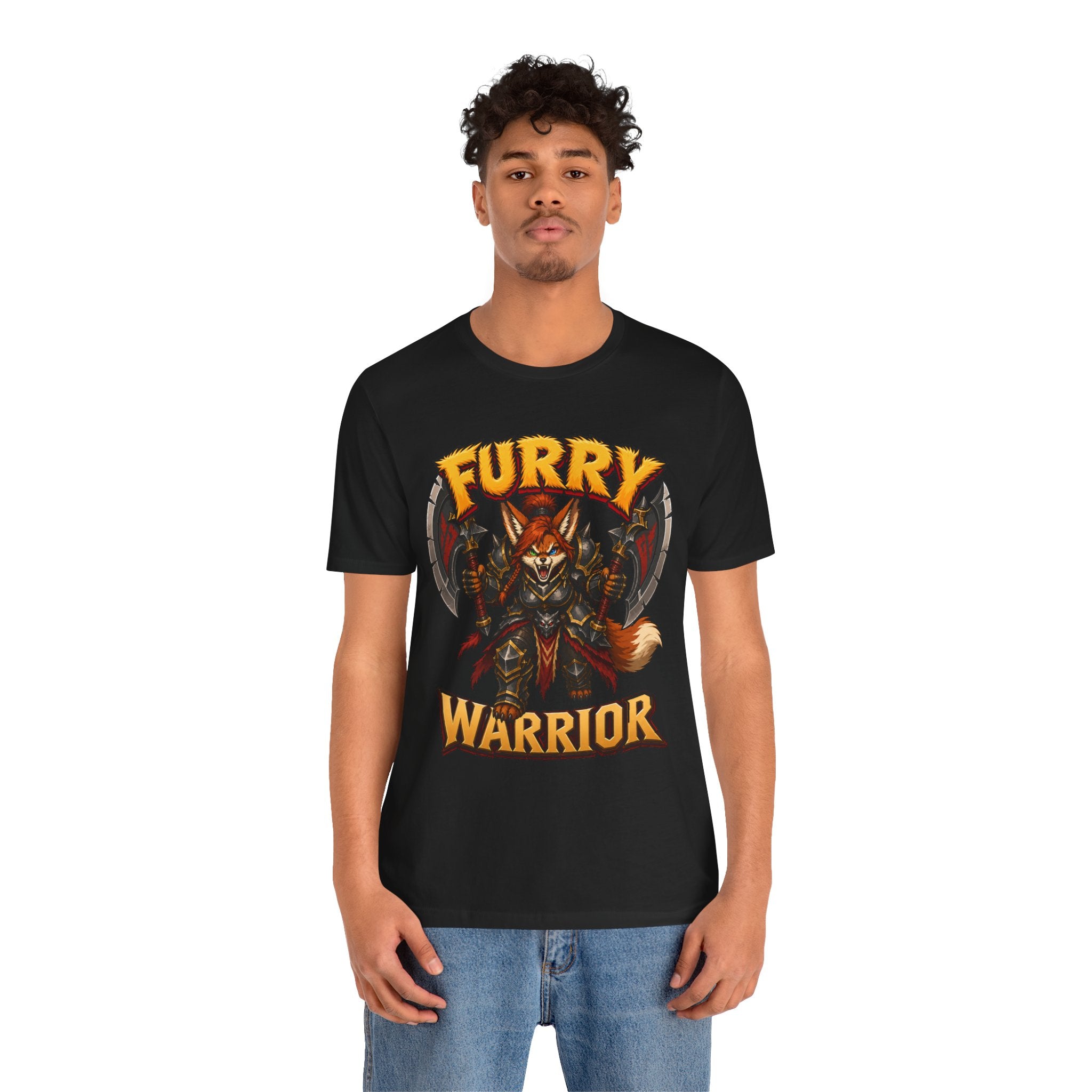 Furry Warrior vulpera fantasy MMO graphic T-shirt, black shirt front view modeled with a relaxed stance.