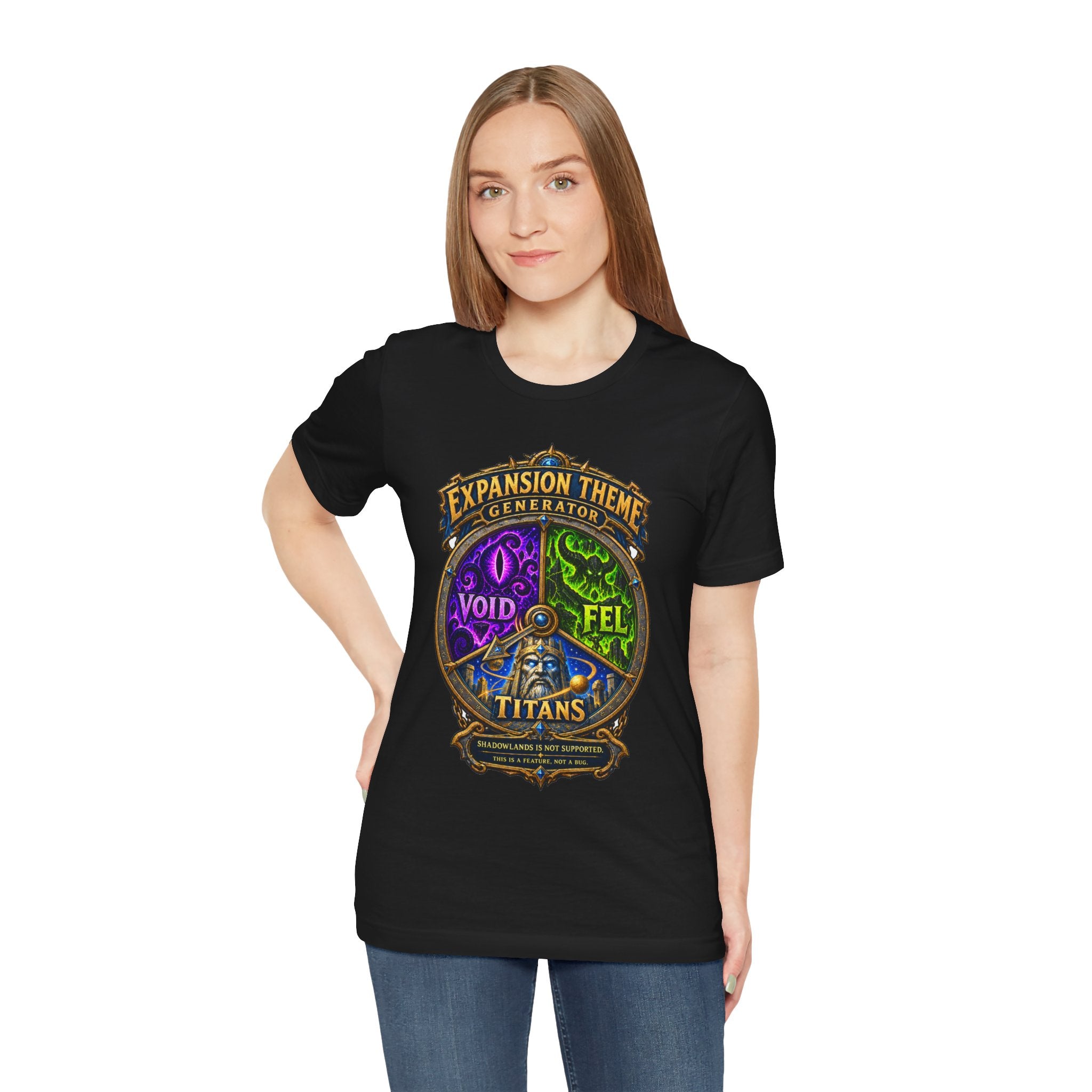 Expansion Theme Generator fantasy MMO graphic T-shirt, black shirt front view modeled with one hand on the hip.