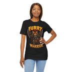 Furry Warrior vulpera fantasy MMO graphic T-shirt, black shirt front view modeled with the shirt tucked into jeans.