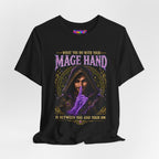Mage Hand tabletop RPG graphic T-shirt, black shirt draped on a light background.