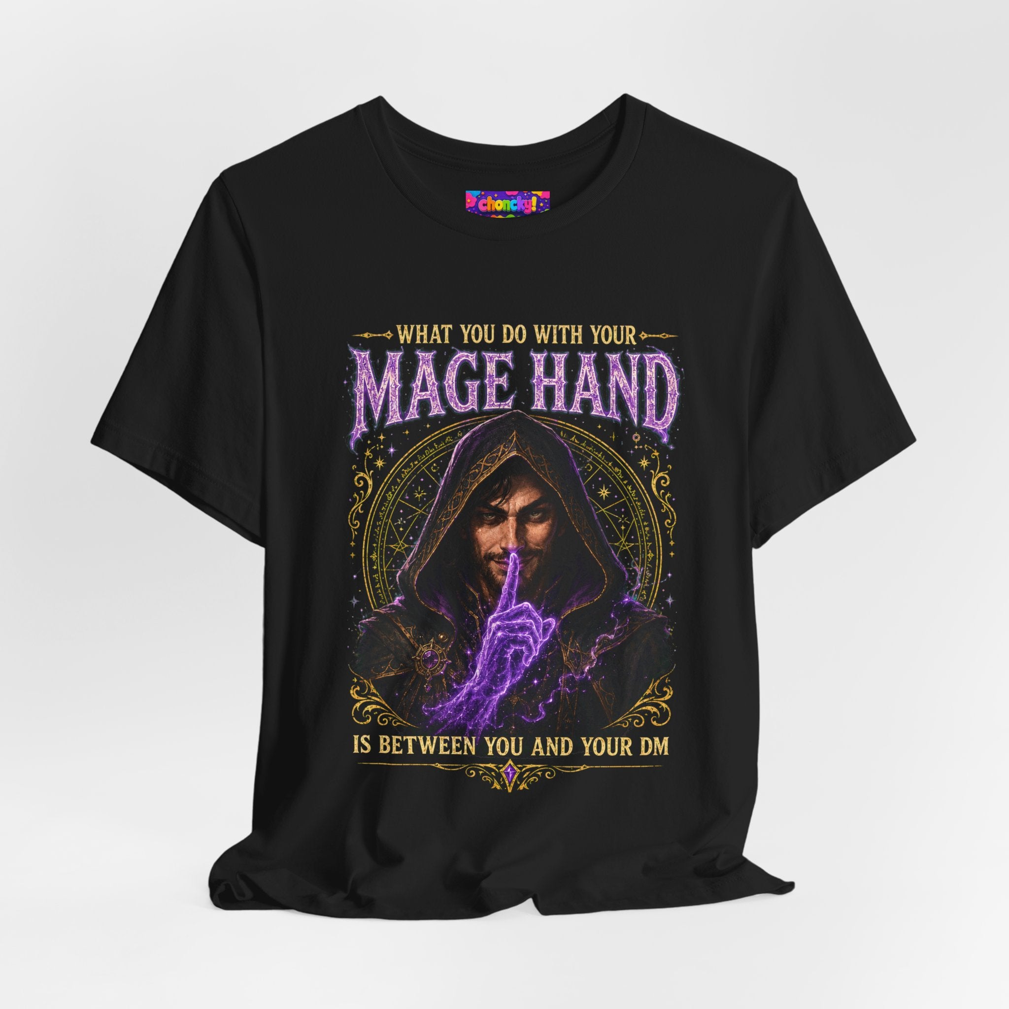 Mage Hand tabletop RPG graphic T-shirt, black shirt draped on a light background.