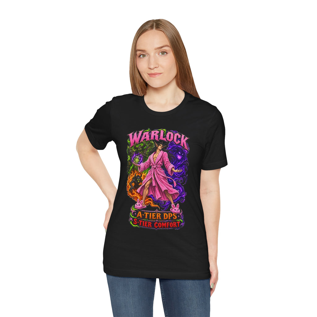 Warlock A-Tier DPS, S-Tier Comfort fantasy gamer T-shirt, black shirt front view modeled with one hand on the hip.