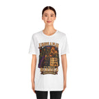 I Have a Plan Barrelmancer fantasy RPG graphic T-shirt, white shirt front view modeled by a standing person.