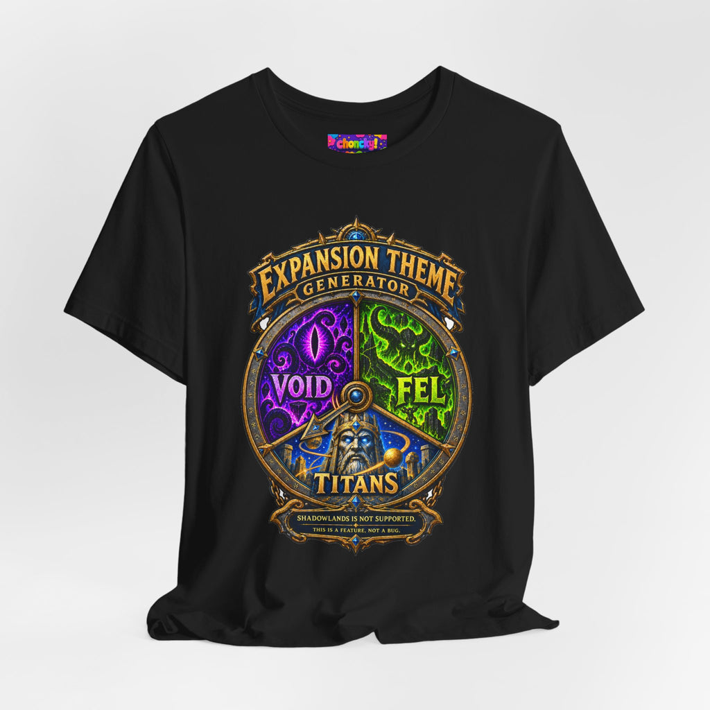 Expansion Theme Generator fantasy MMO graphic T-shirt, black shirt draped on a light background.