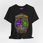 Expansion Theme Generator fantasy MMO graphic T-shirt, black shirt draped on a light background.