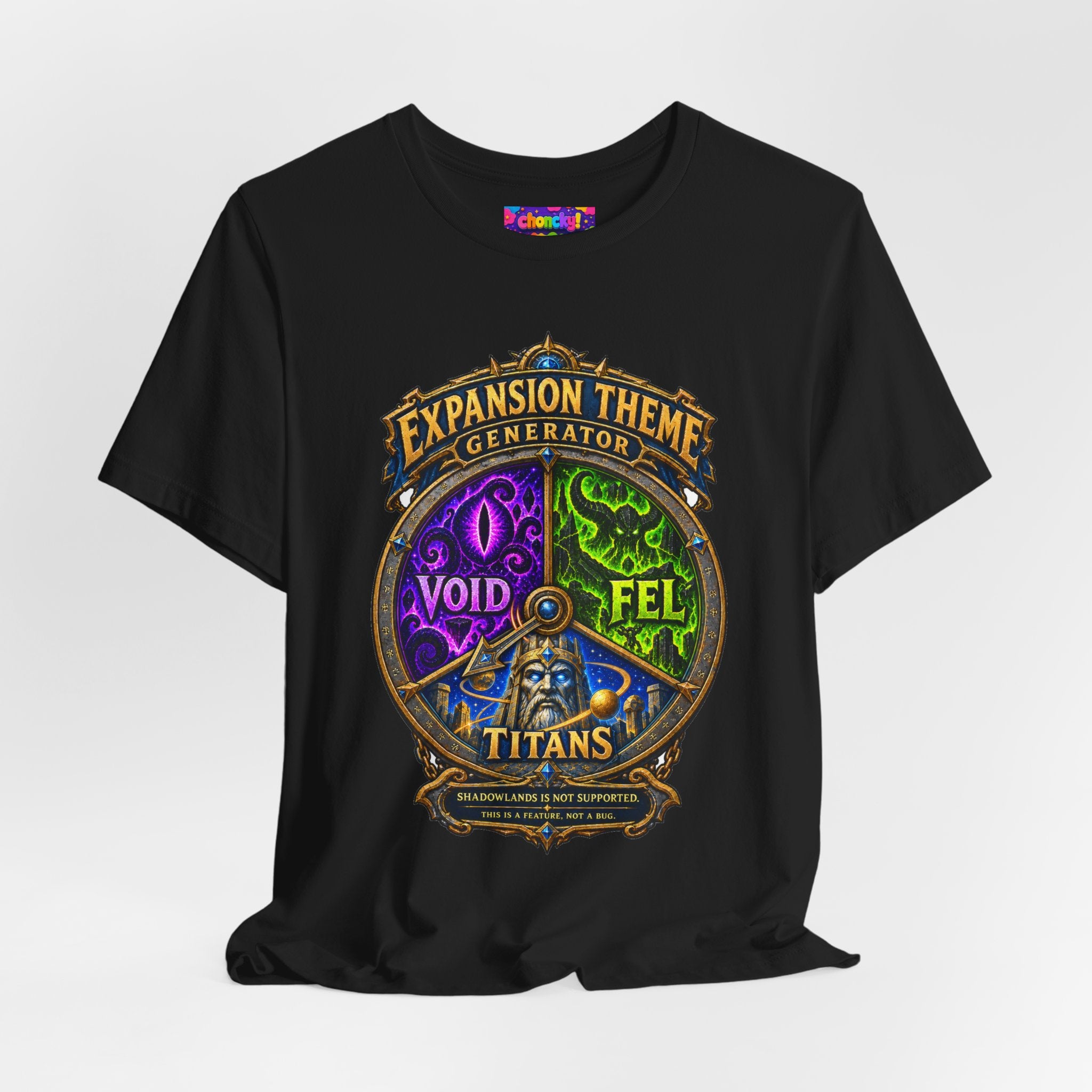 Expansion Theme Generator fantasy MMO graphic T-shirt, black shirt draped on a light background.