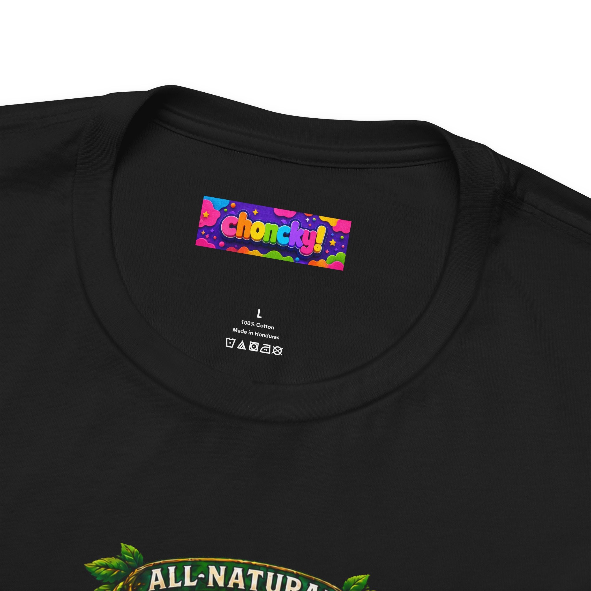 Plant-Based Champion fantasy druid graphic T-shirt, close-up of the Choncky neck label.