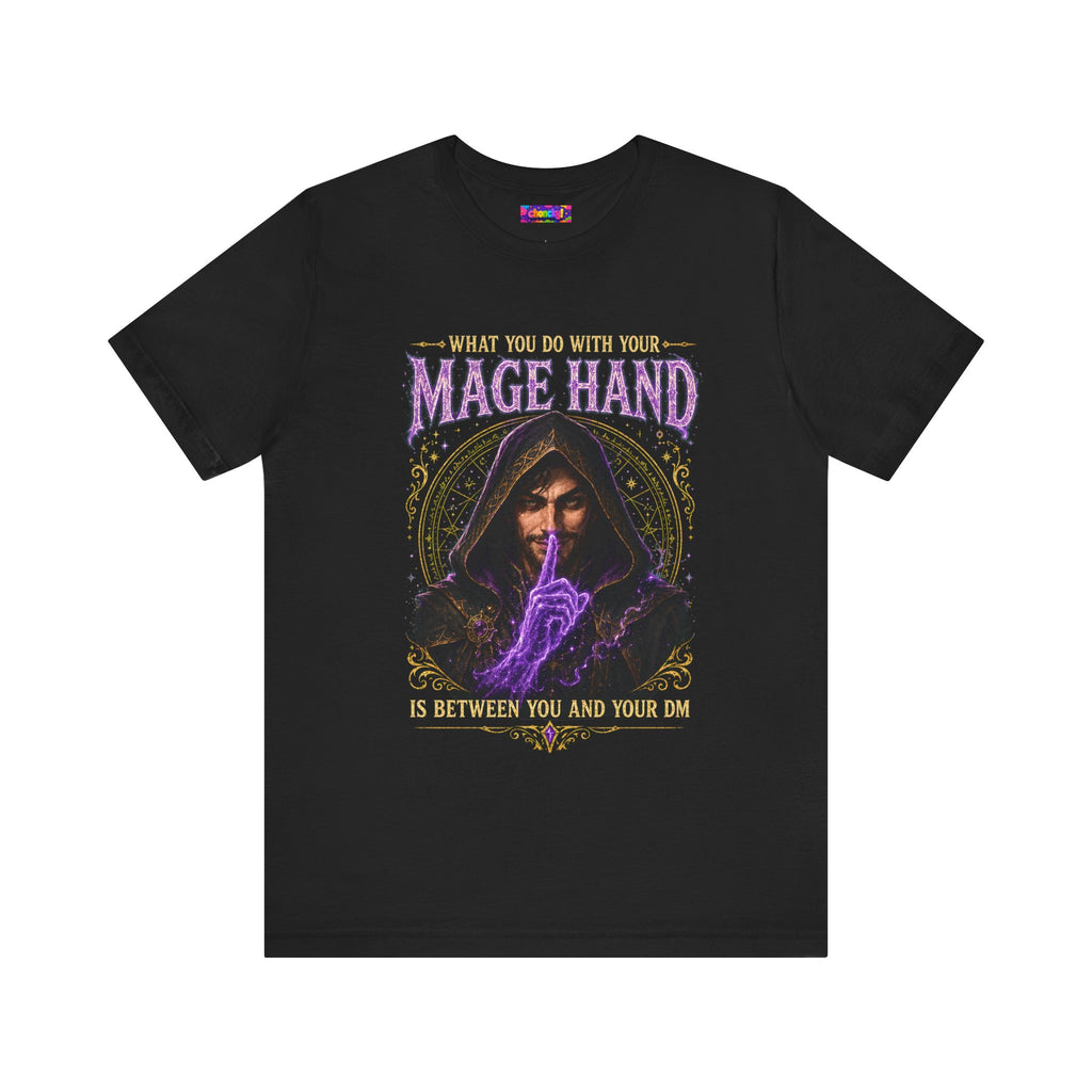 Mage Hand tabletop RPG graphic T-shirt, black shirt laid flat, front view.