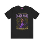 Mage Hand tabletop RPG graphic T-shirt, black shirt laid flat, front view.