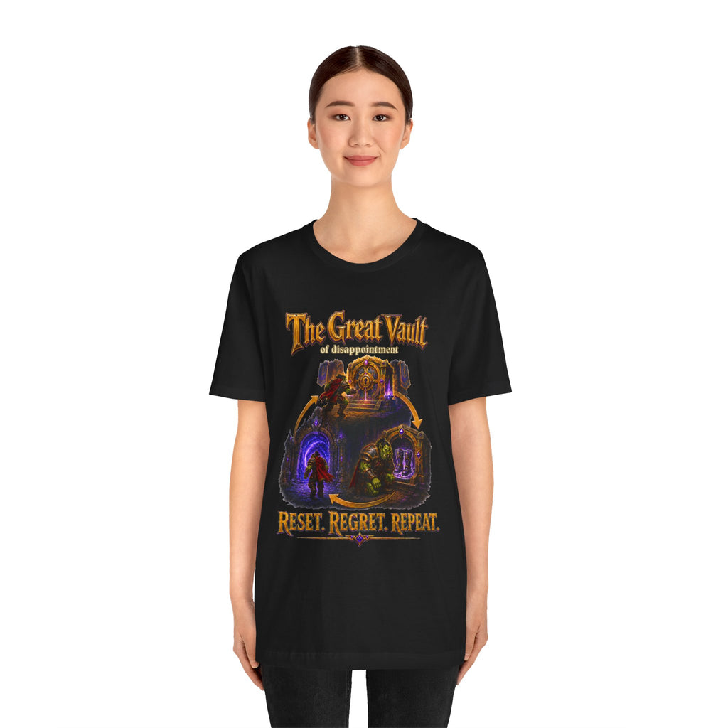 Great Vault Reset Regret Repeat fantasy MMO graphic T-shirt, black shirt front view modeled by a standing person.