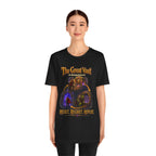 Great Vault Reset Regret Repeat fantasy MMO graphic T-shirt, black shirt front view modeled by a standing person.