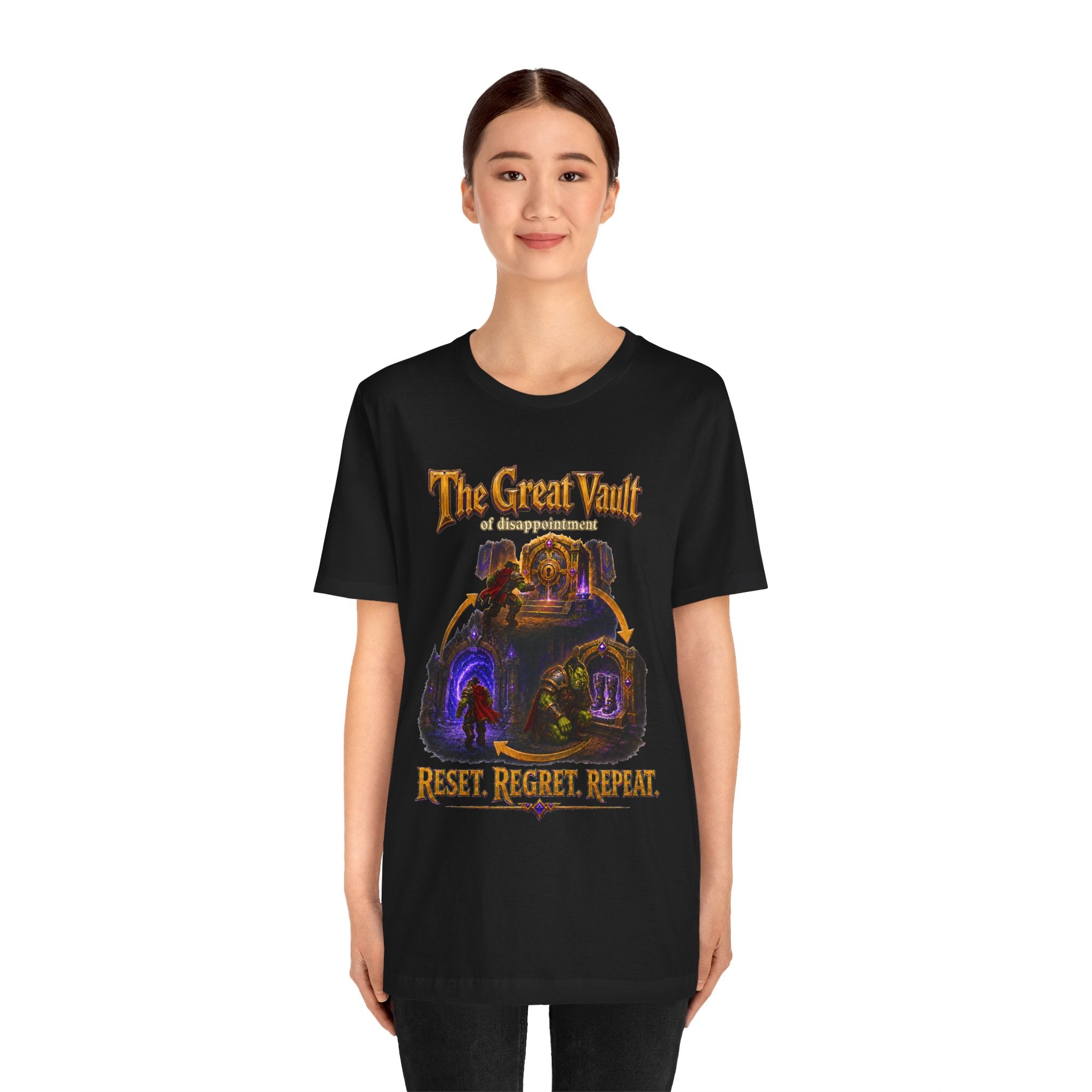 Great Vault Reset Regret Repeat fantasy MMO graphic T-shirt, black shirt front view modeled by a standing person.