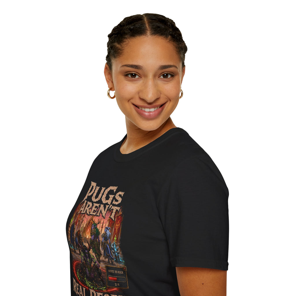 PUGs Aren't Real People fantasy dungeon graphic T-shirt, black shirt close-up on a woman.