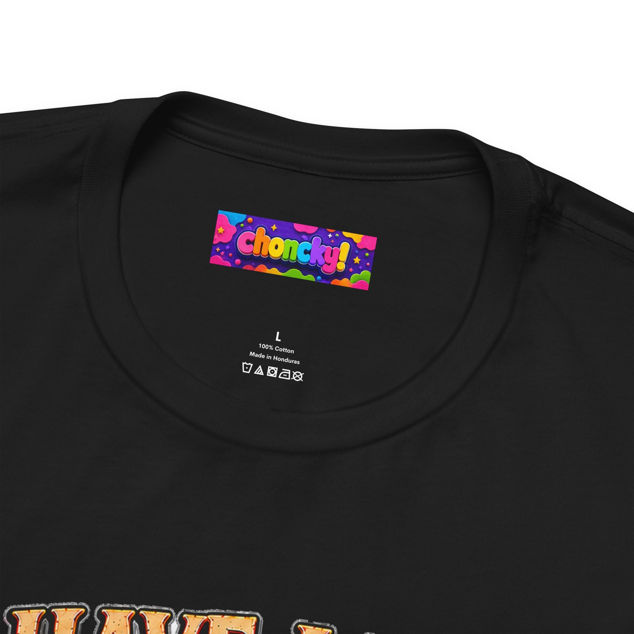 I Have a Plan Barrelmancer fantasy RPG graphic T-shirt, close-up of the Choncky neck label.
