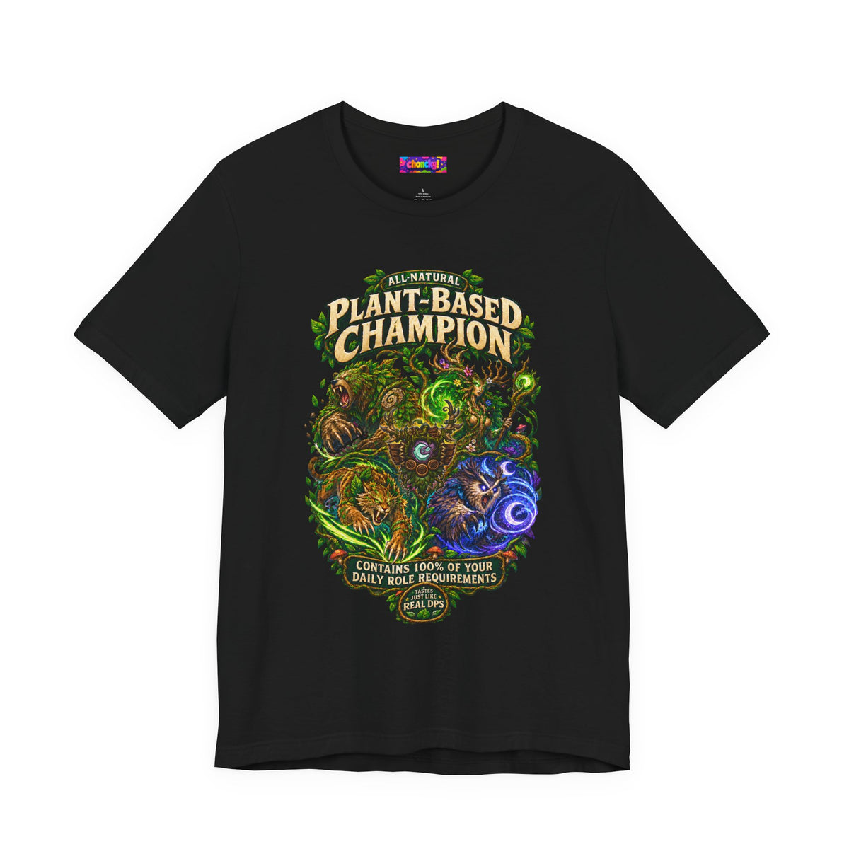 Plant-Based Champion fantasy druid graphic T-shirt, black shirt front view.