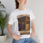 I Have a Plan Barrelmancer fantasy RPG graphic T-shirt, white shirt front view modeled by a standing person.