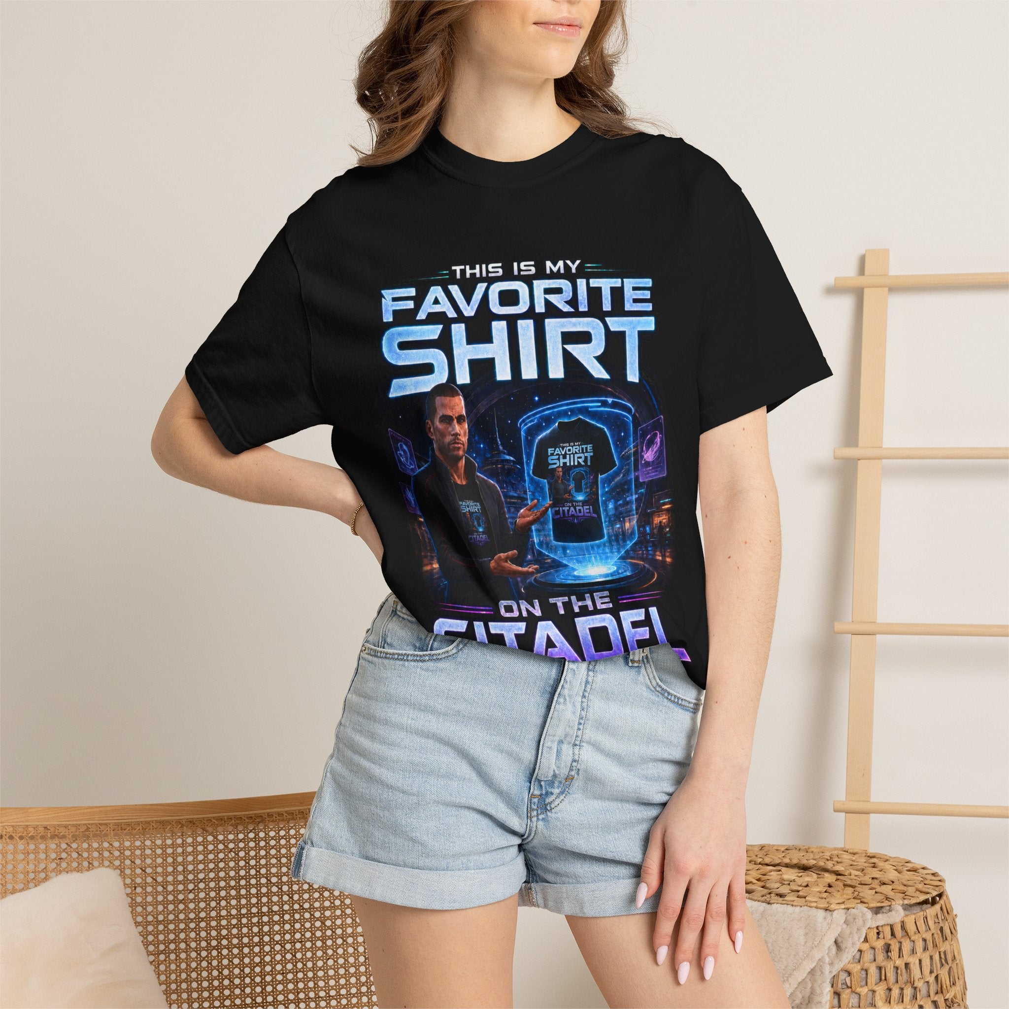 Commander's Favorite Shirt on the Citadel sci-fi graphic T-shirt, black shirt front view modeled by a standing person.