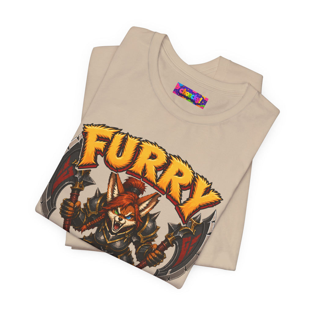 Furry Warrior vulpera fantasy MMO graphic T-shirt, sand shirt folded to show the print.