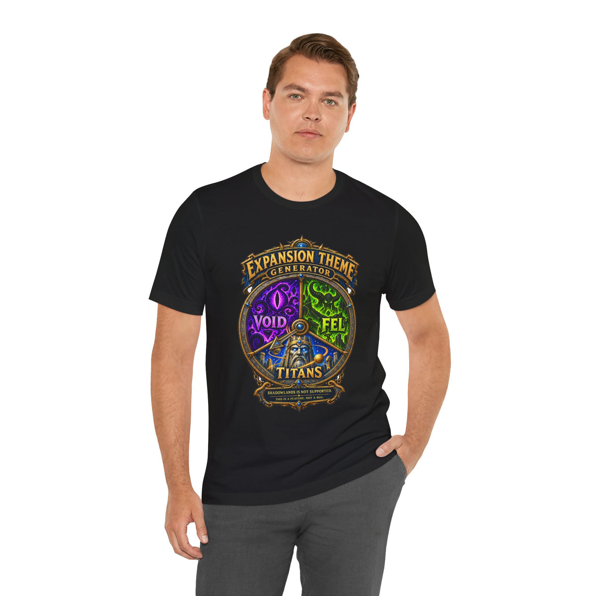Expansion Theme Generator fantasy MMO graphic T-shirt, black shirt front view modeled with one hand in a pocket.