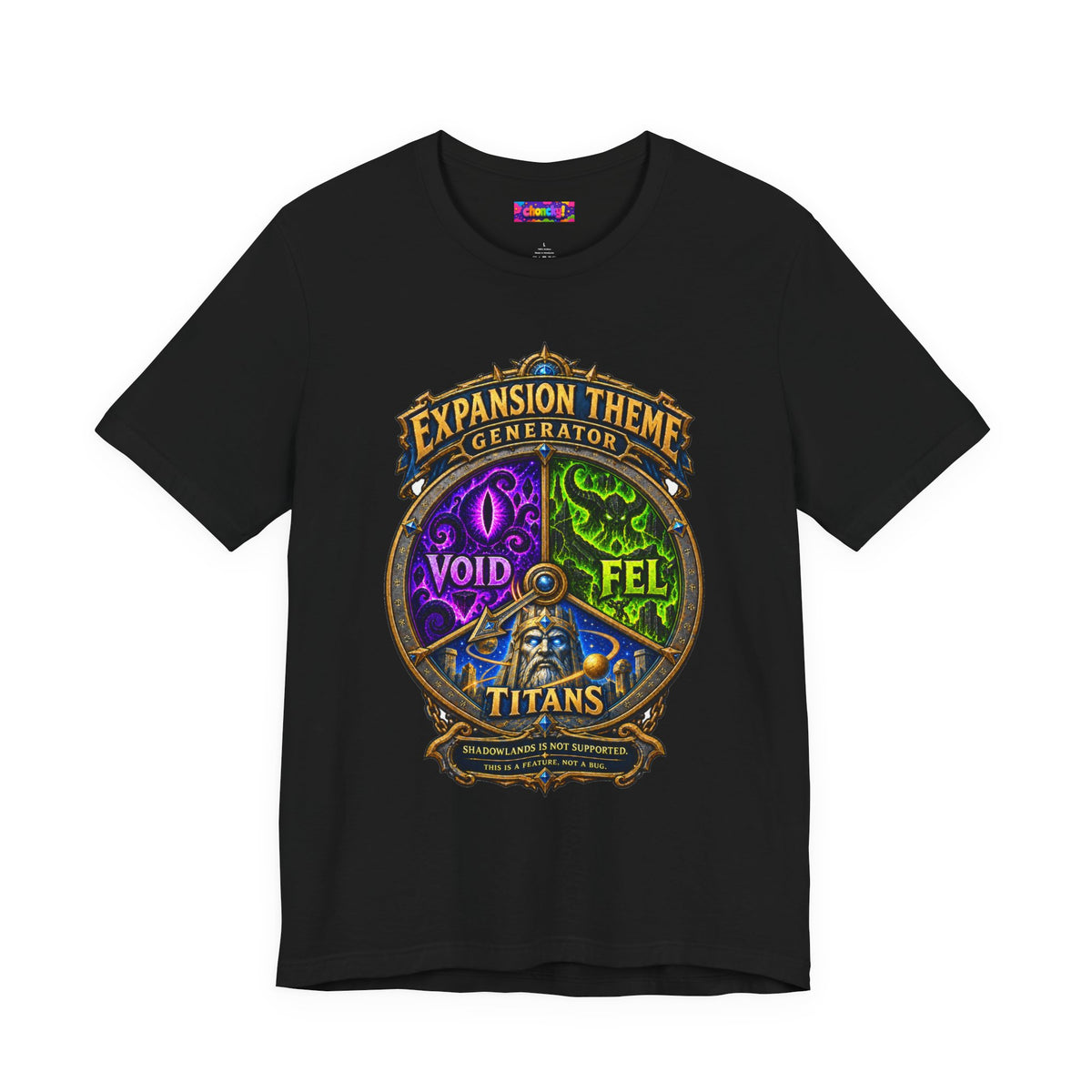Expansion Theme Generator fantasy MMO graphic T-shirt, black shirt front view.