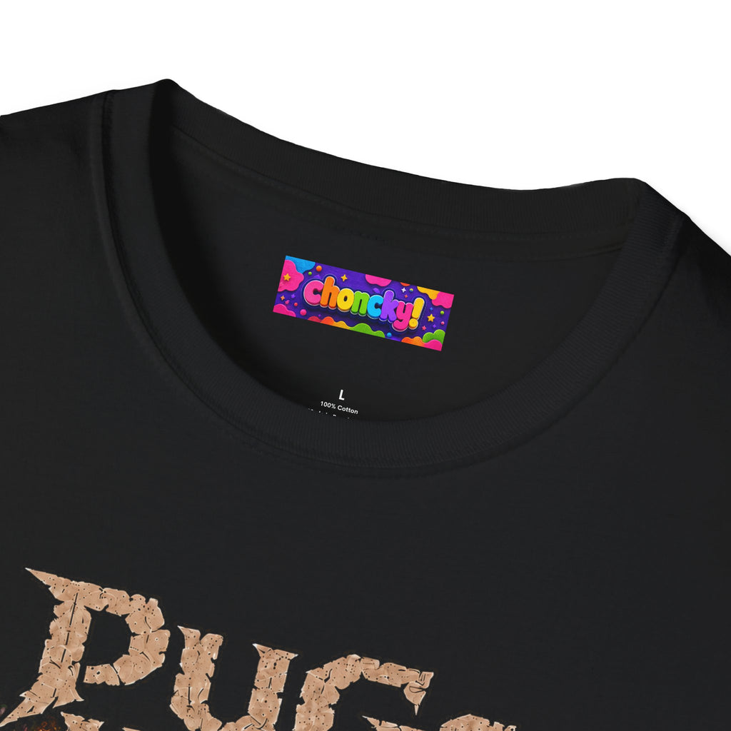 PUGs Aren't Real People fantasy dungeon graphic T-shirt, close-up of the Choncky neck label.