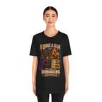 I Have a Plan Barrelmancer fantasy RPG graphic T-shirt, black shirt front view modeled by a standing person.