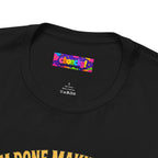 I'm Done Making Alts After This One fantasy MMO graphic T-shirt, close-up of the Choncky neck label.