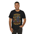 I'm Done Making Alts After This One fantasy MMO graphic T-shirt, black shirt three-quarter view modeled by a person.