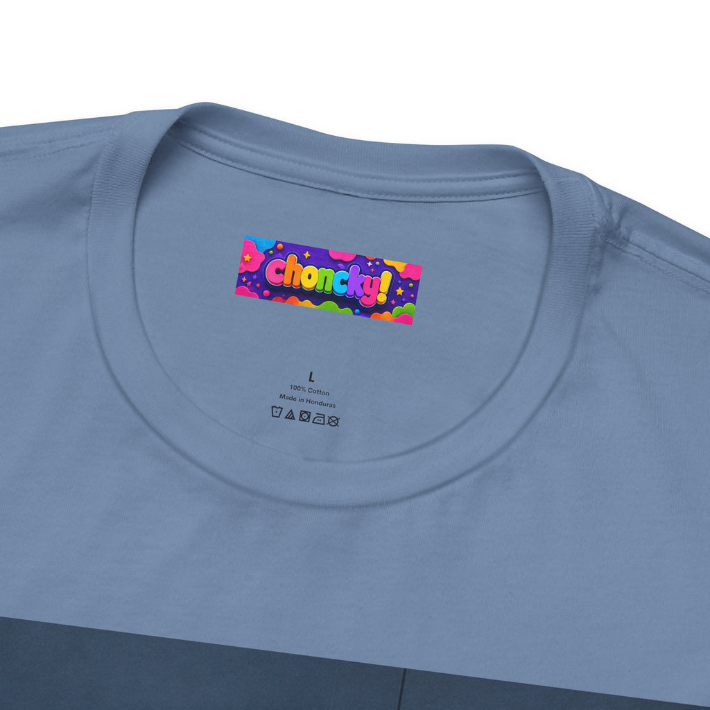 We'll Point, Okay? retro sci-fi action graphic T-shirt, close-up of the Choncky neck label on blue fabric.