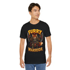 Furry Warrior vulpera fantasy MMO graphic T-shirt, black shirt front view modeled with the shirt untucked.
